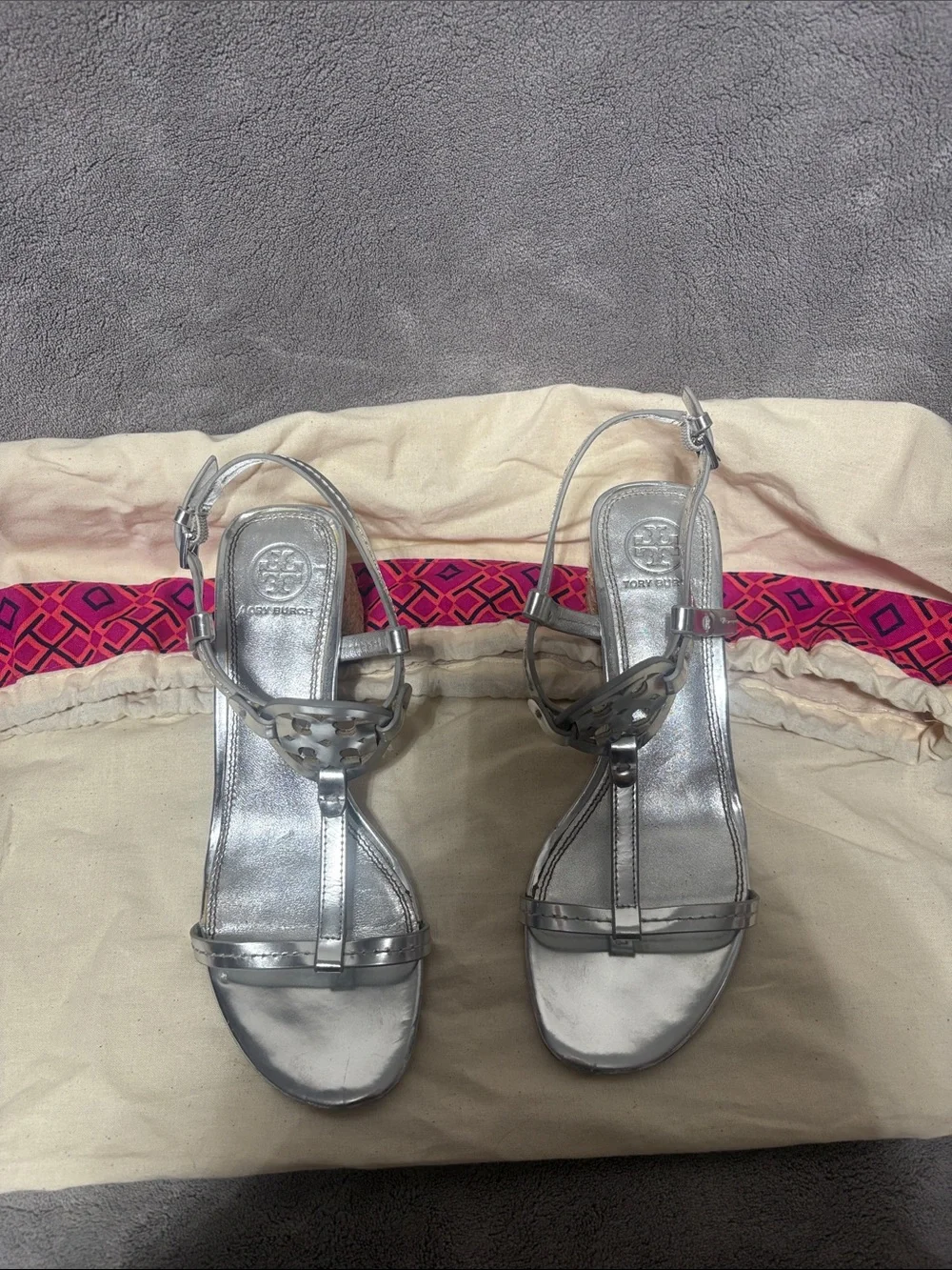 Tory Burch Metallic Silver T-Strap Logo Sandals